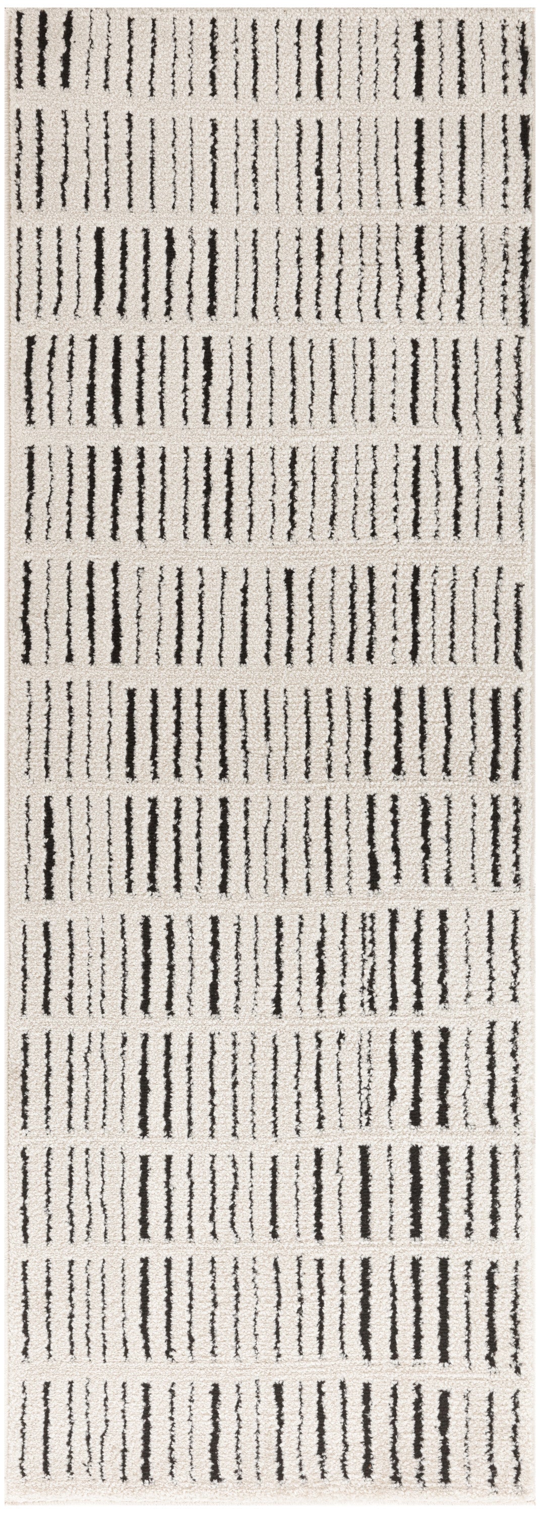 Beige textured runner rug with vertical black brushstroke stripes in a modern geometric pattern.