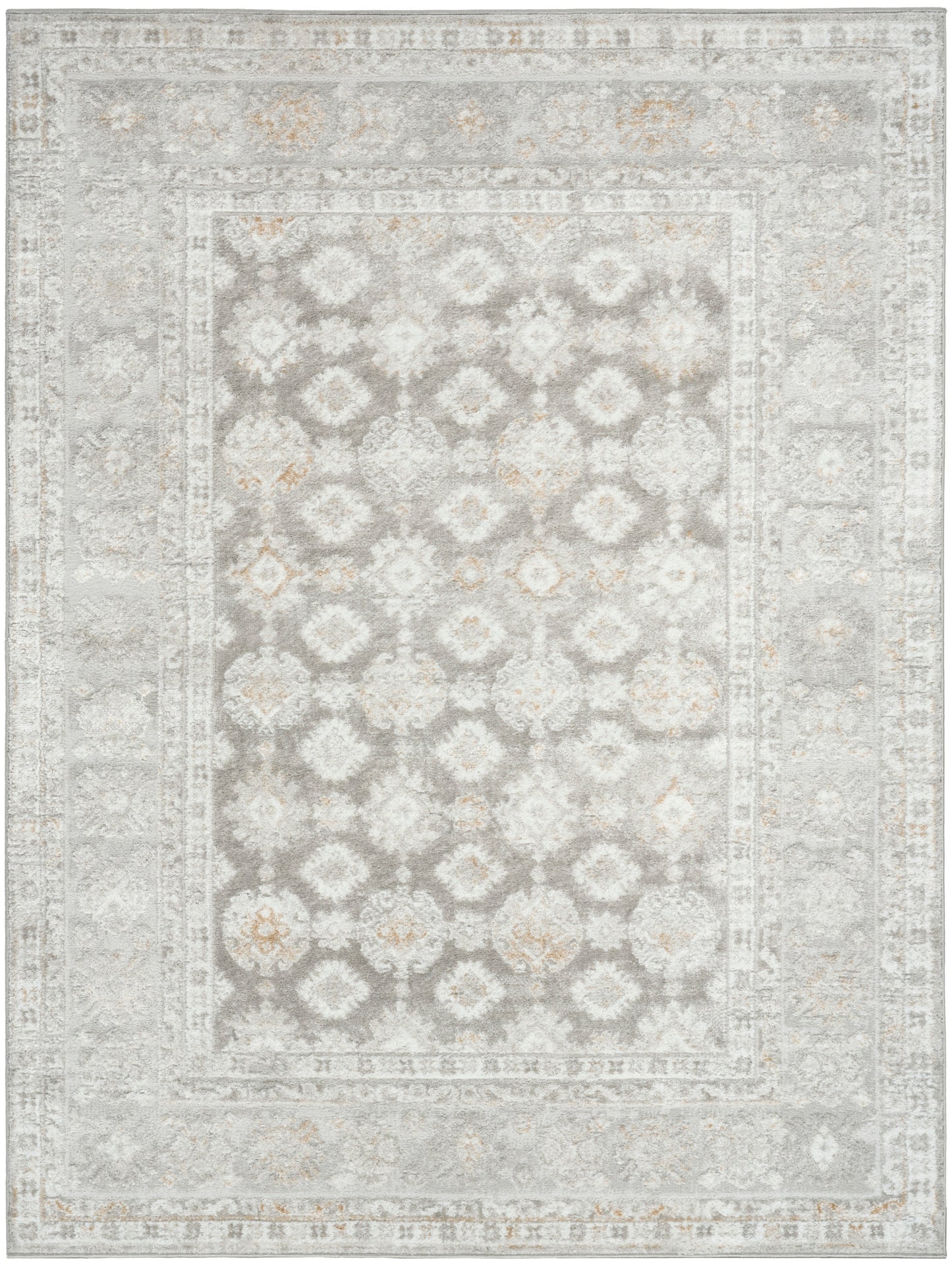 Muted gray-beige oriental rug with a distressed floral lattice pattern and ornate bordered frame.