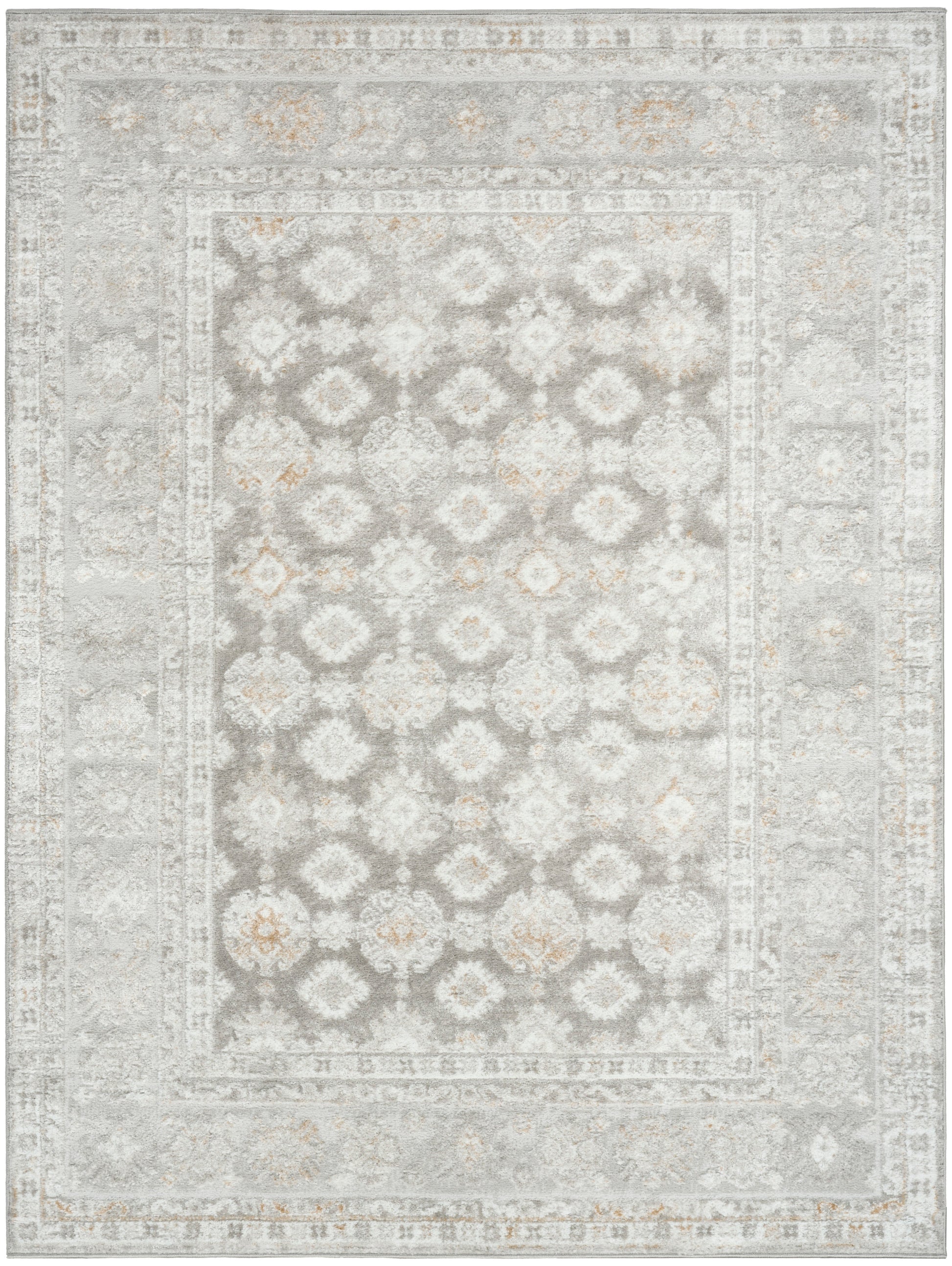 Muted gray-beige oriental rug with a distressed floral lattice pattern and ornate bordered frame.