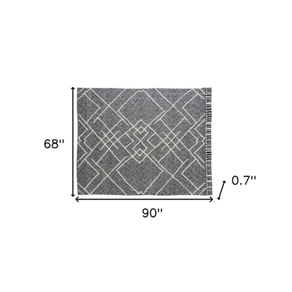 Charcoal and Off White Geometric Twin Cotton Coverlet With Fringe