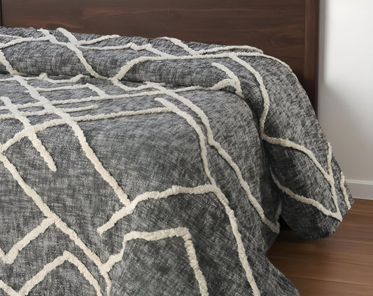 Charcoal and Off White Geometric Twin Cotton Coverlet With Fringe