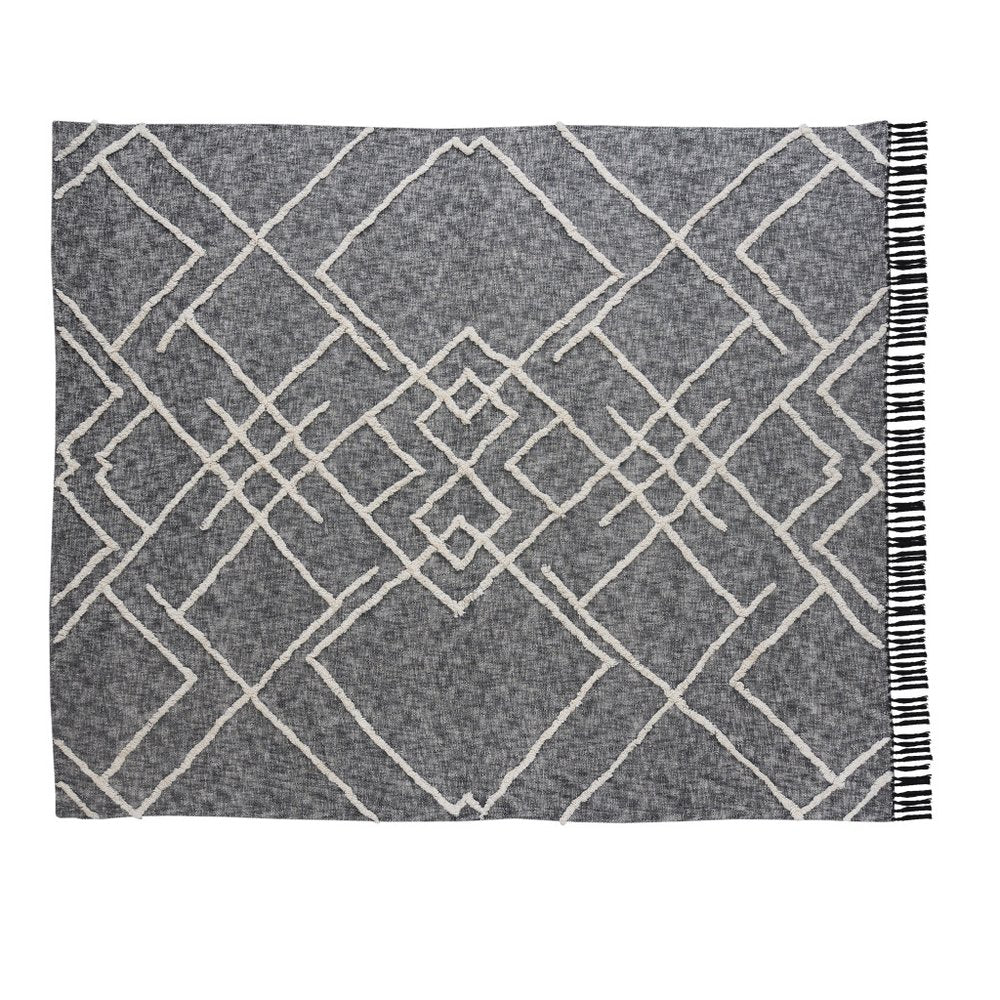 Charcoal and Off White Geometric Twin Cotton Coverlet With Fringe