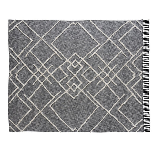 Charcoal and Off White Geometric Twin Cotton Coverlet With Fringe