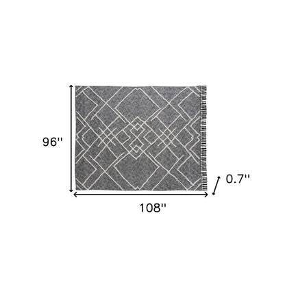 Charcoal and Off White Geometric King Cotton Coverlet With Fringe