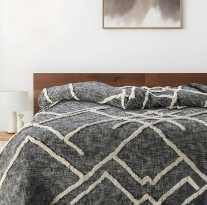 Charcoal and Off White Geometric King Cotton Coverlet With Fringe