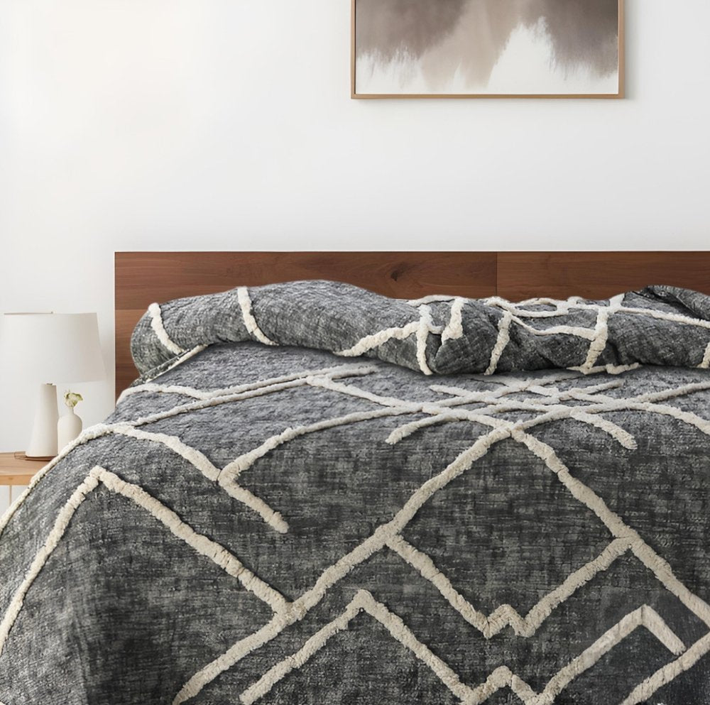 Charcoal and Off White Geometric King Cotton Coverlet With Fringe