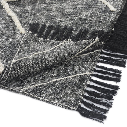 Charcoal and Off White Geometric King Cotton Coverlet With Fringe