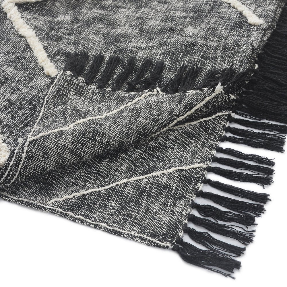 Charcoal and Off White Geometric King Cotton Coverlet With Fringe
