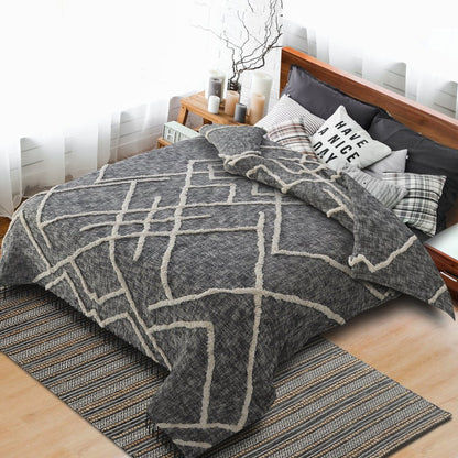 Charcoal and Off White Geometric King Cotton Coverlet With Fringe