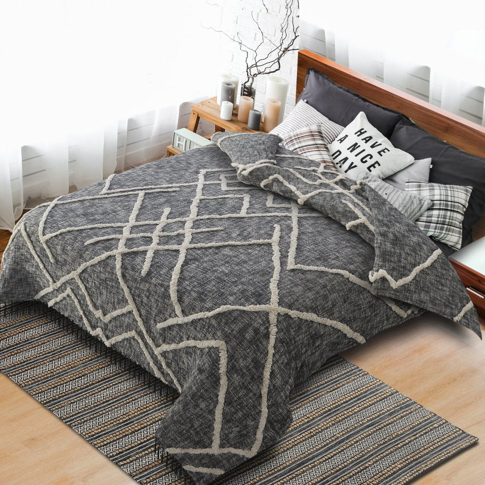 Charcoal and Off White Geometric King Cotton Coverlet With Fringe