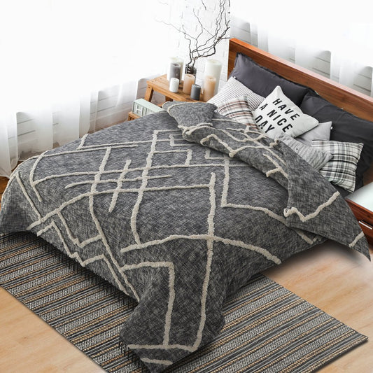 Charcoal and Off White Geometric King Cotton Coverlet With Fringe