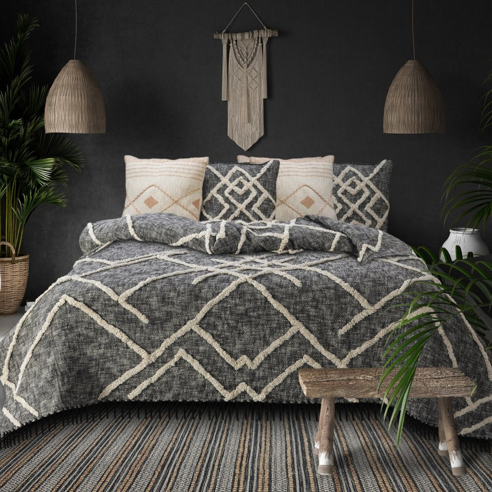 Charcoal and Off White Geometric King Cotton Coverlet With Fringe