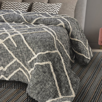 Charcoal and Off White Geometric King Cotton Coverlet With Fringe
