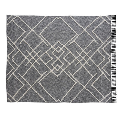 Charcoal and Off White Geometric King Cotton Coverlet With Fringe