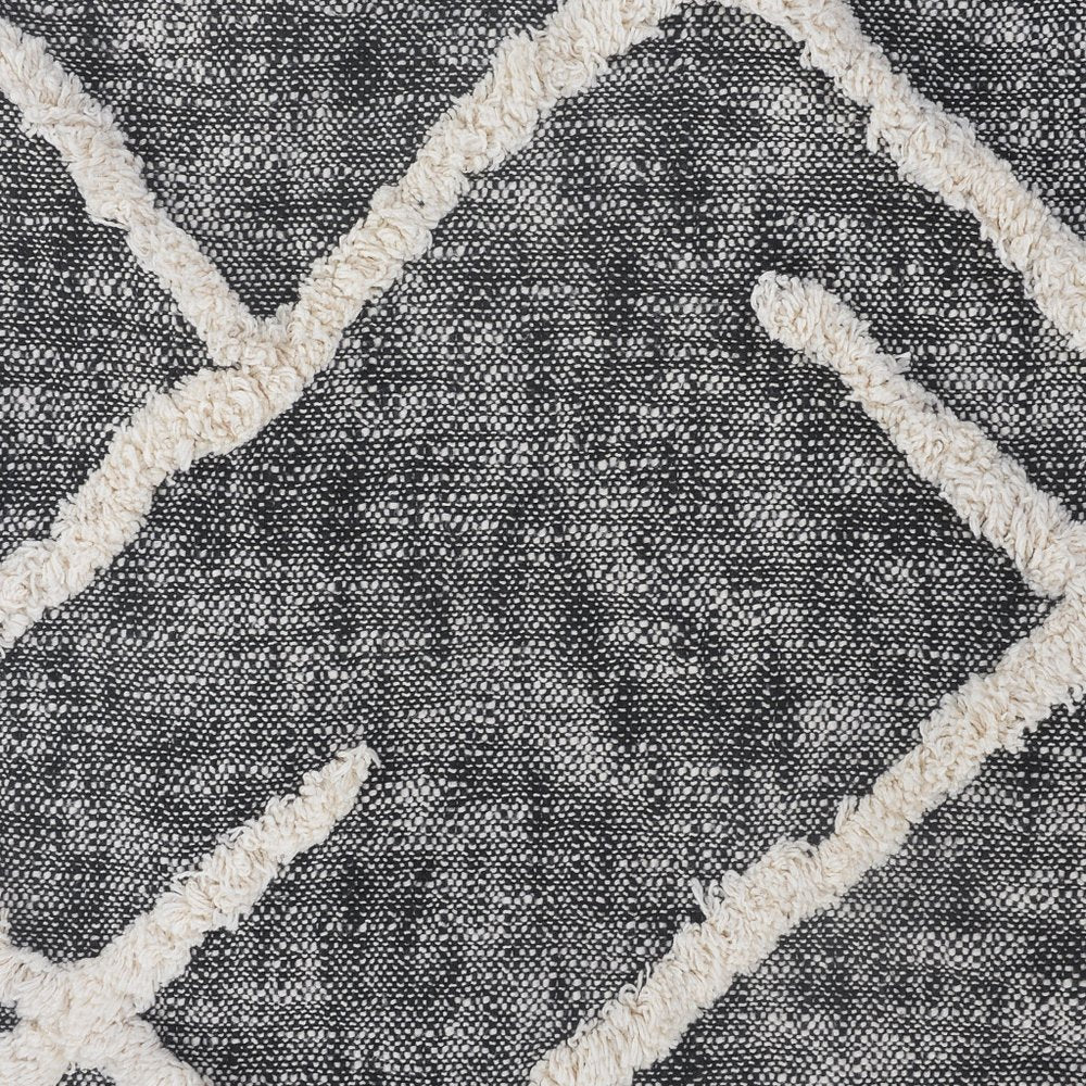 Charcoal and Off White Geometric King Cotton Coverlet With Fringe