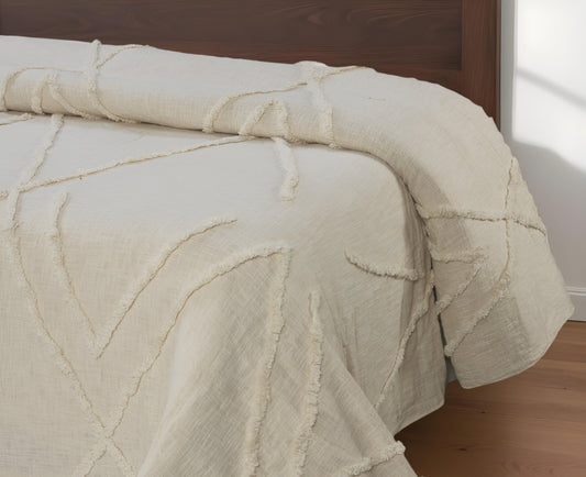 Ivory Geometric Twin Cotton Coverlet With Fringe