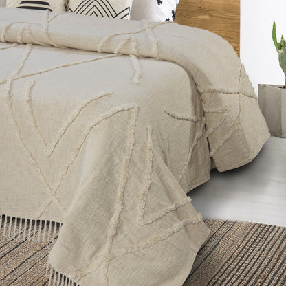 Ivory Geometric Twin Cotton Coverlet With Fringe