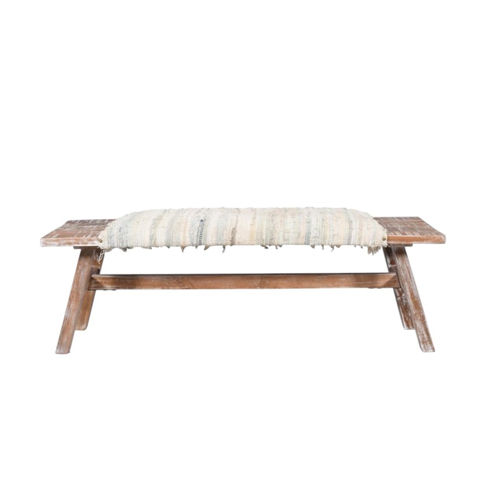 50" White and Brown Cotton Upholstered Striped Bench