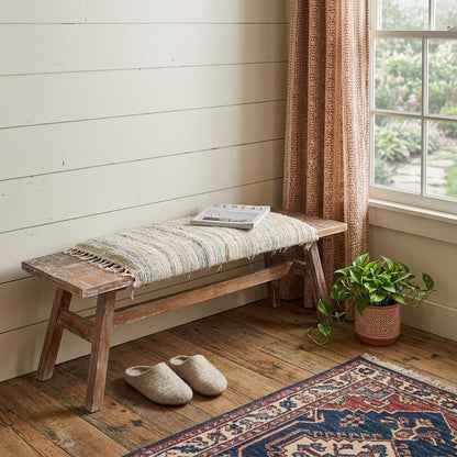 50" White And Brown Striped Cotton And Solid Wood Upholstered Distressed Bench