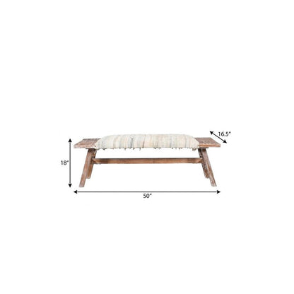 50" White and Brown Cotton Upholstered Striped Bench