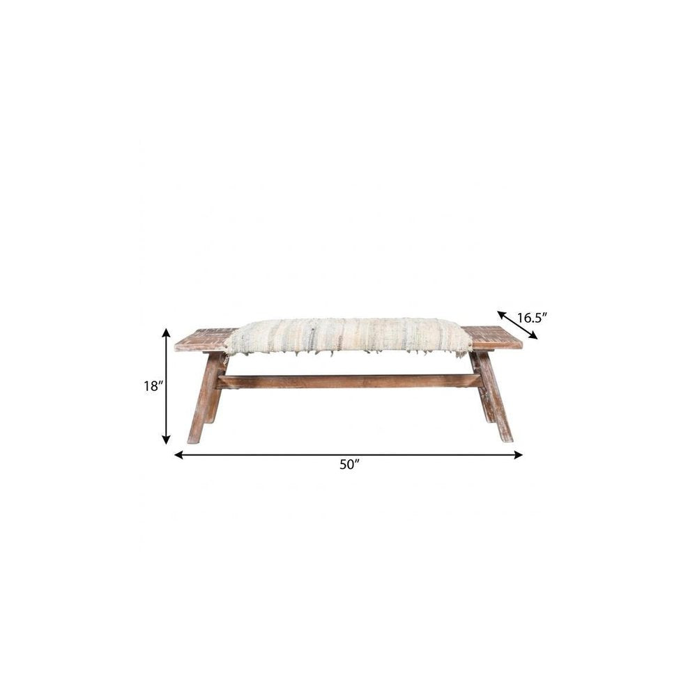 50" White And Brown Striped Cotton And Solid Wood Upholstered Distressed Bench