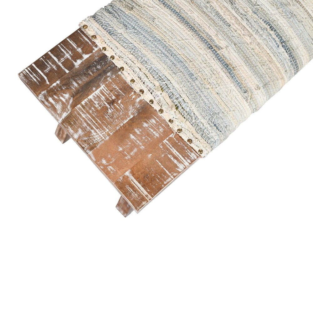 50" White and Brown Cotton Upholstered Striped Bench