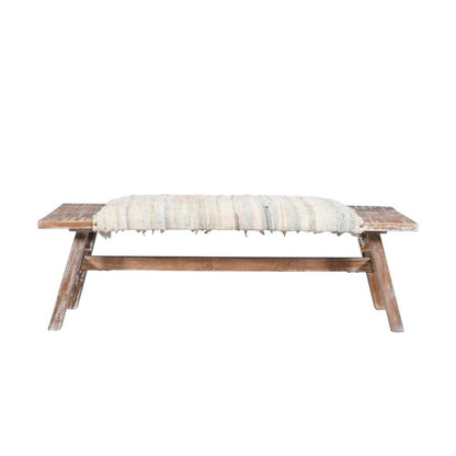 50" White and Brown Cotton Upholstered Striped Bench