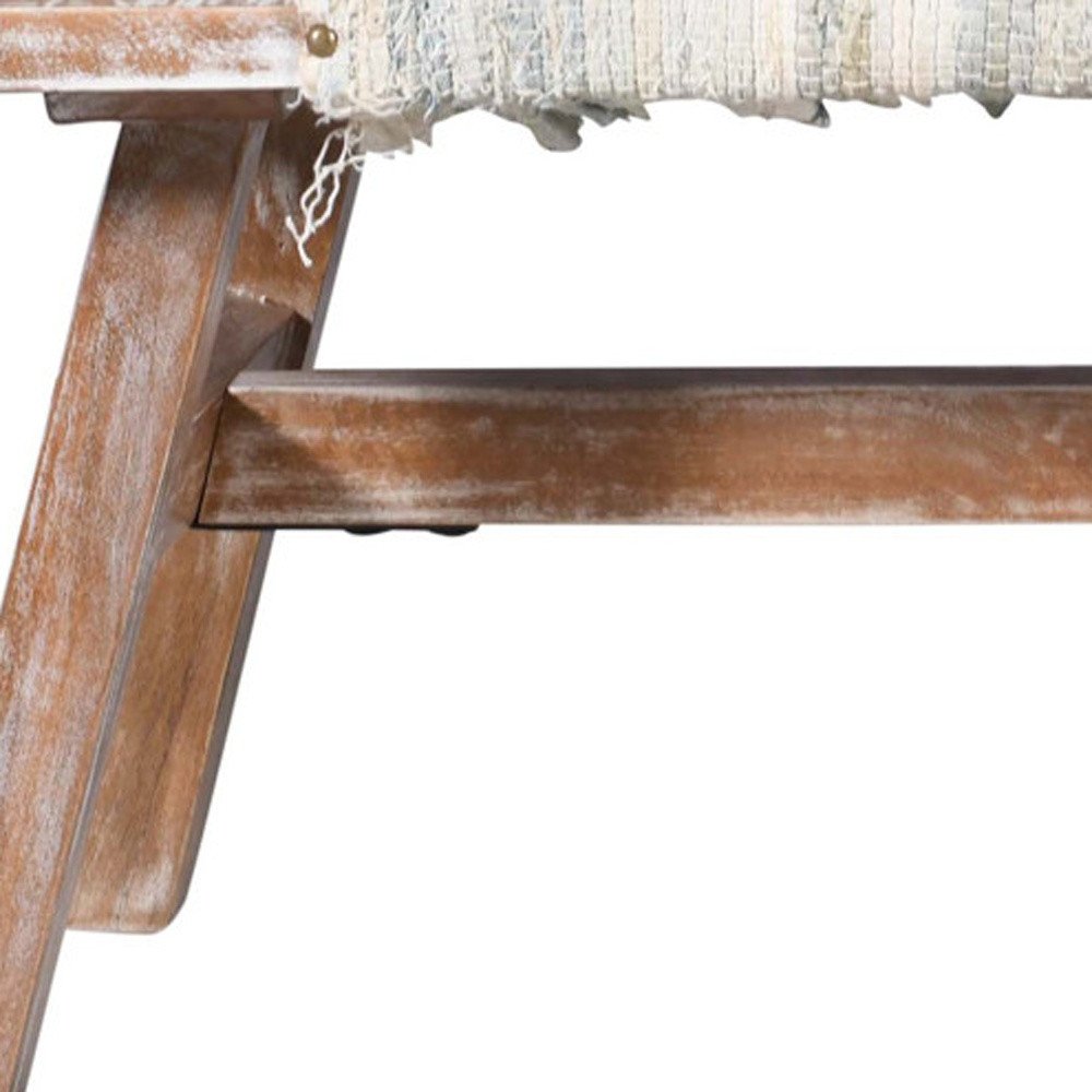 50" White And Brown Striped Cotton And Solid Wood Upholstered Distressed Bench