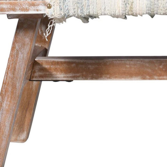 50" White And Brown Striped Cotton And Solid Wood Upholstered Distressed Bench