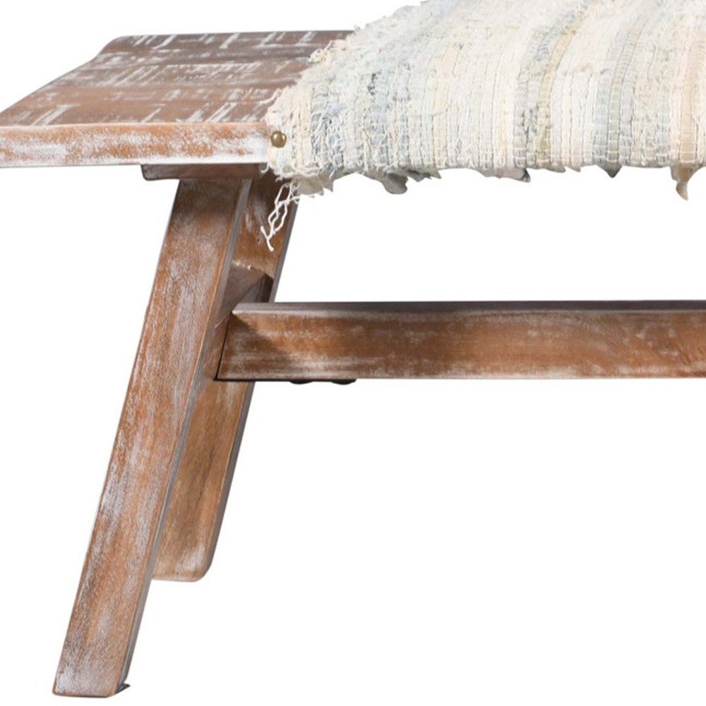 50" White And Brown Striped Cotton And Solid Wood Upholstered Distressed Bench