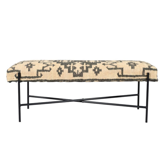 48" Cream and Black Cotton Blend Upholstered Southwest Bench