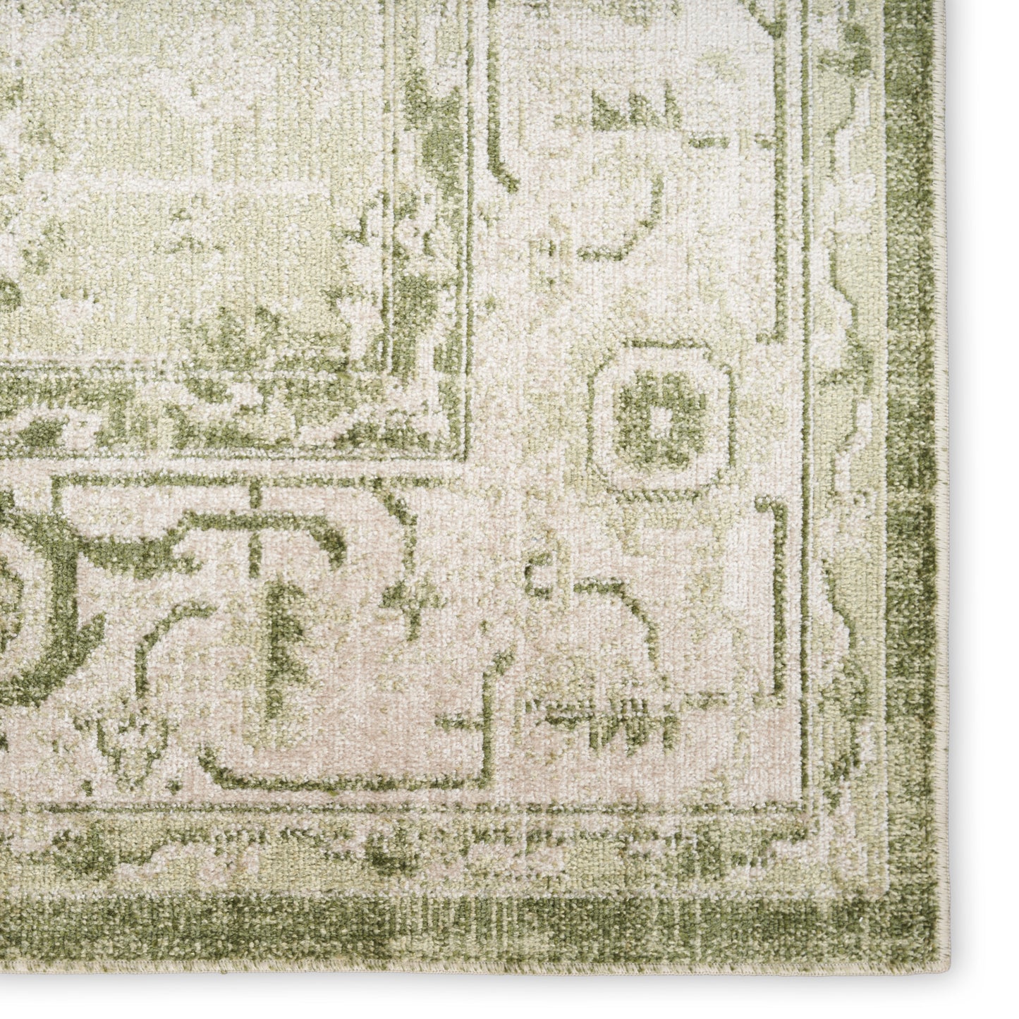 Cream and sage green oriental rug with a distressed floral pattern, plush pile, rectangular shape for living spaces.