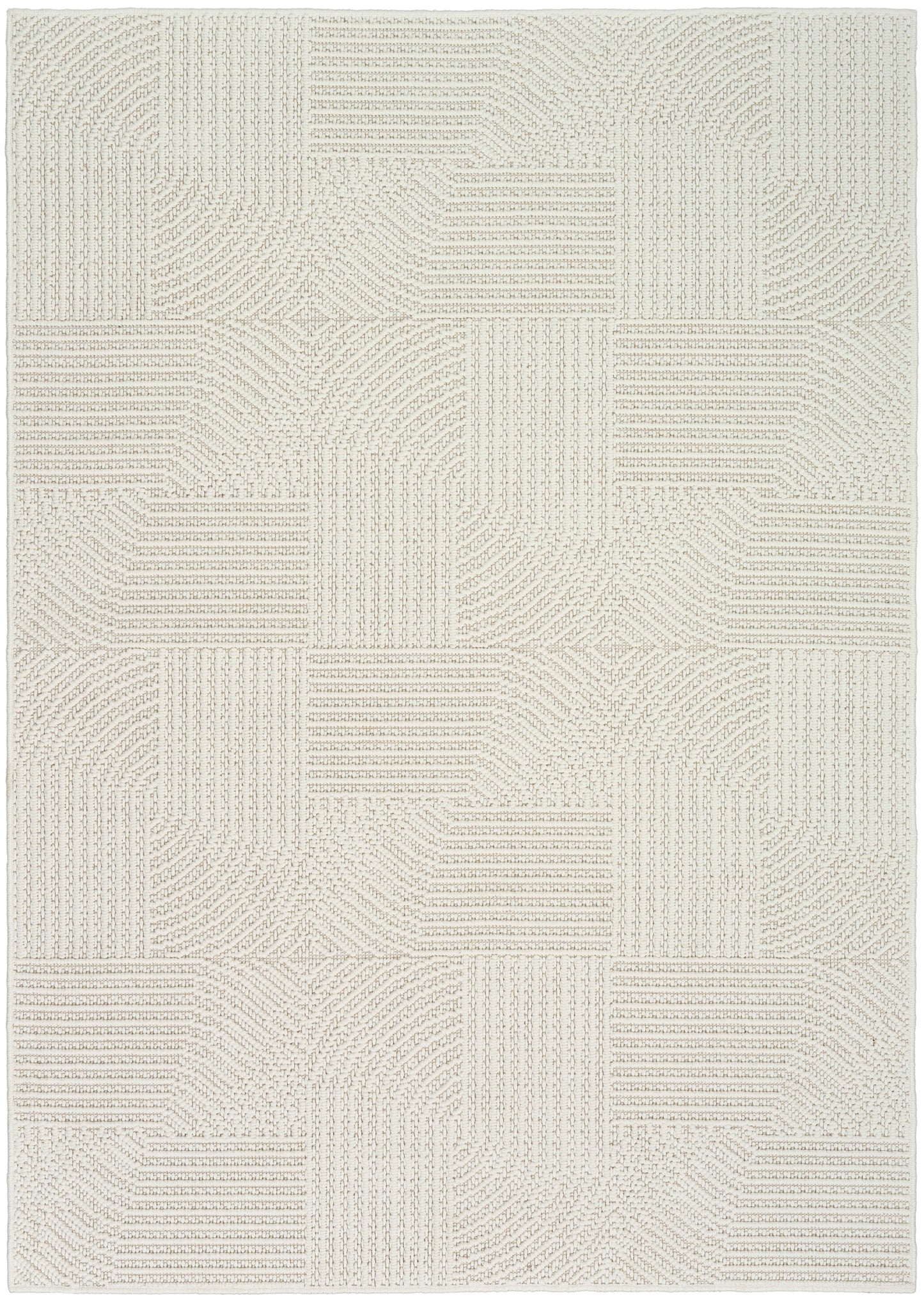 Cream geometric patchwork rug with textured linear blocks in beige tones.