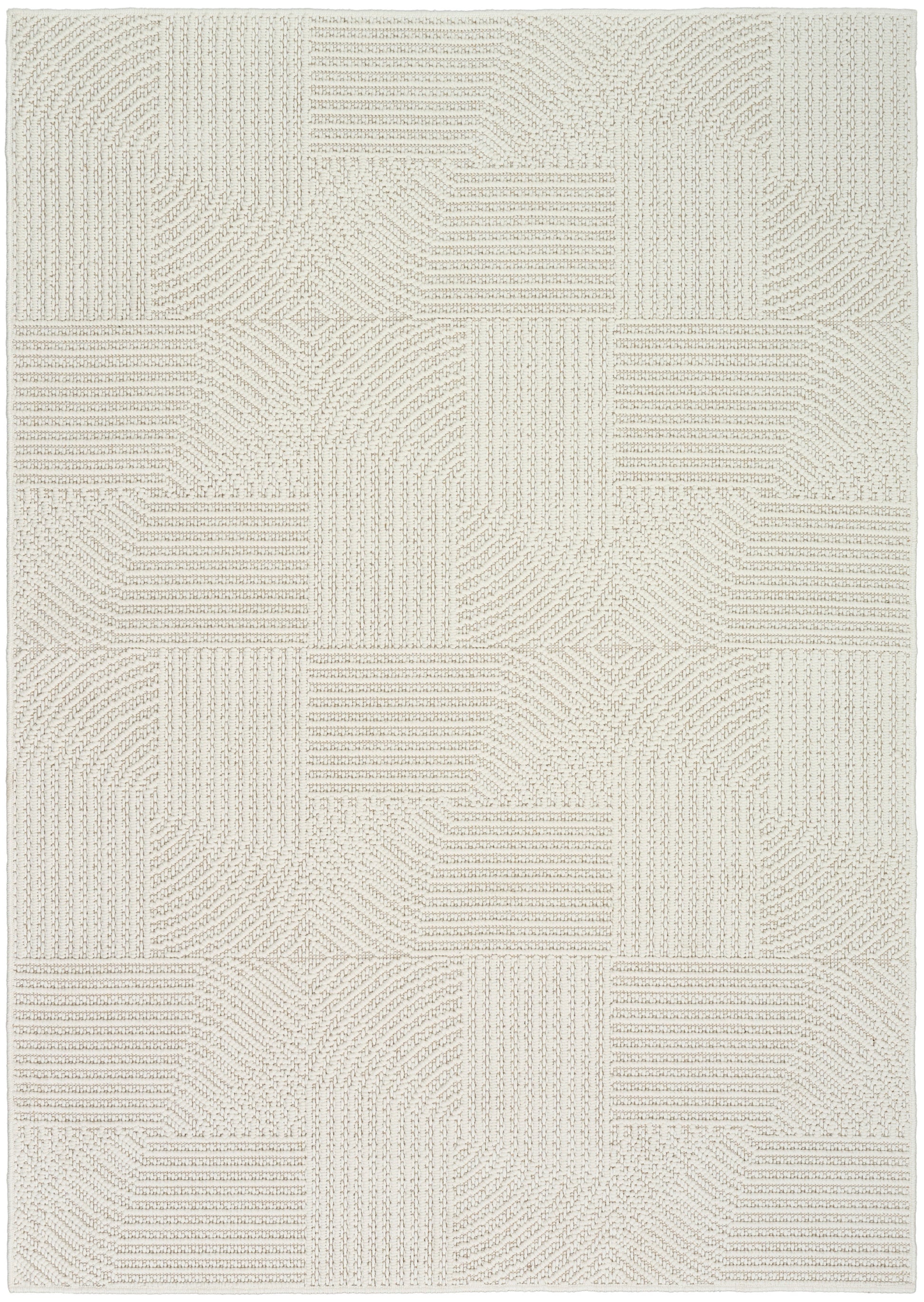 Cream geometric patchwork rug with textured linear blocks in beige tones.