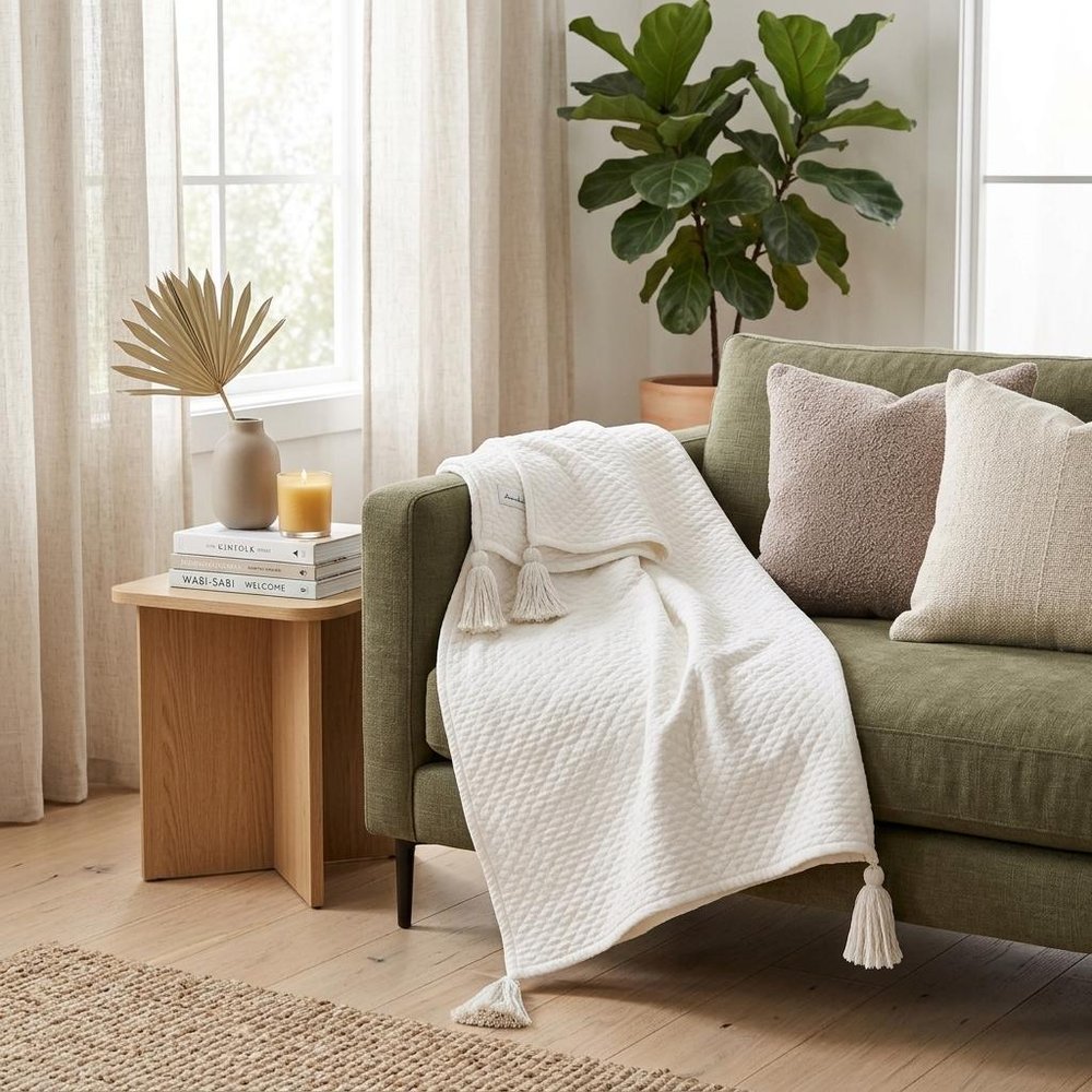 60" X 50" White Woven Cotton Throw Blanket