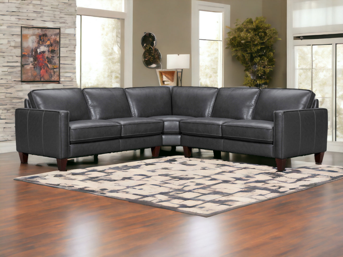 Black Leather L Shaped Three Piece Corner Sectional