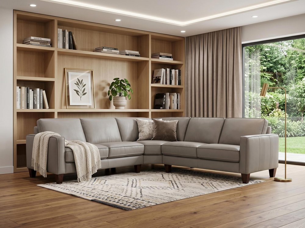 Gray Leather L Shaped Three Piece Corner Sectional