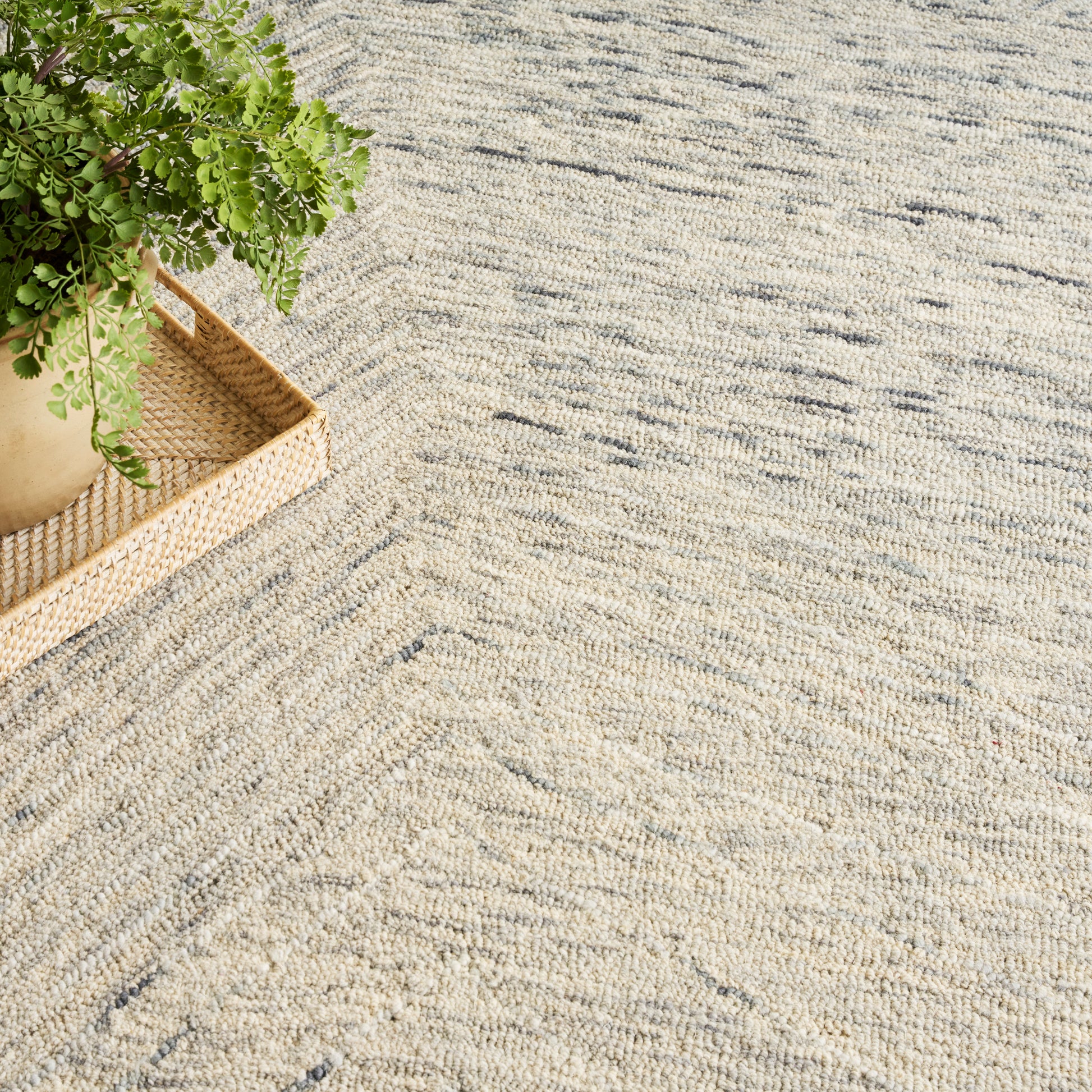 Green fern in a neutral pot on a woven wicker tray atop a textured beige rug.