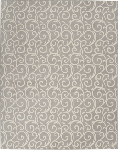 Gray area rug with white swirling damask pattern; rectangular, plush pile, modern decor.