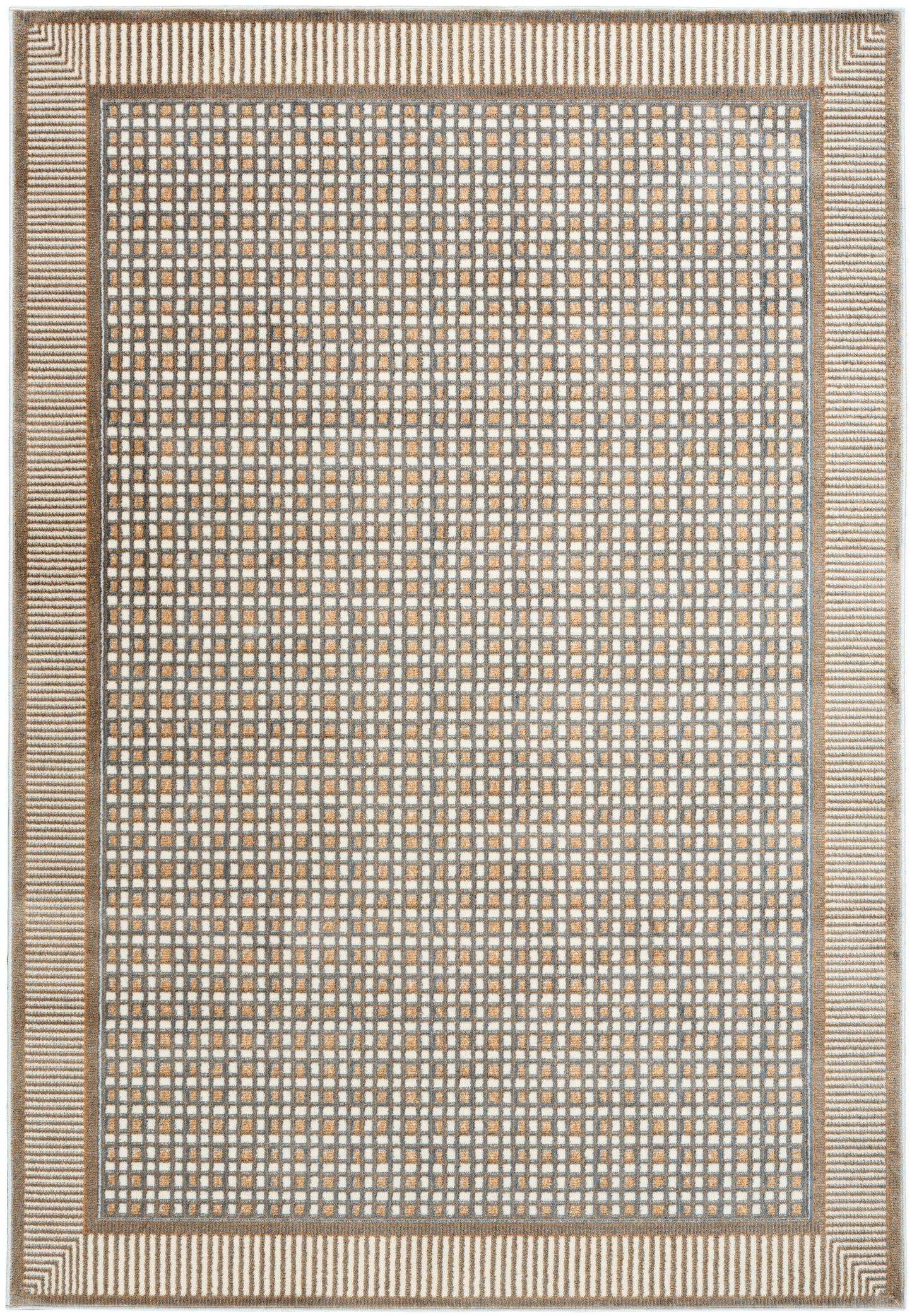 Rectangular area rug with beige base and tan-blue grid pattern, framed by a bold striped outer border.