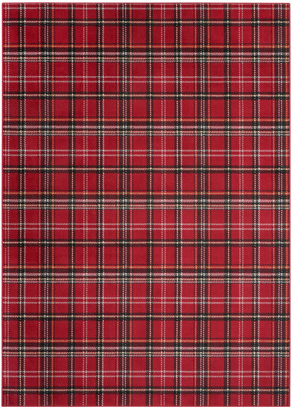 Red tartan plaid rug with black, white and yellow lines in a classic woven pattern, 6' x 9'.