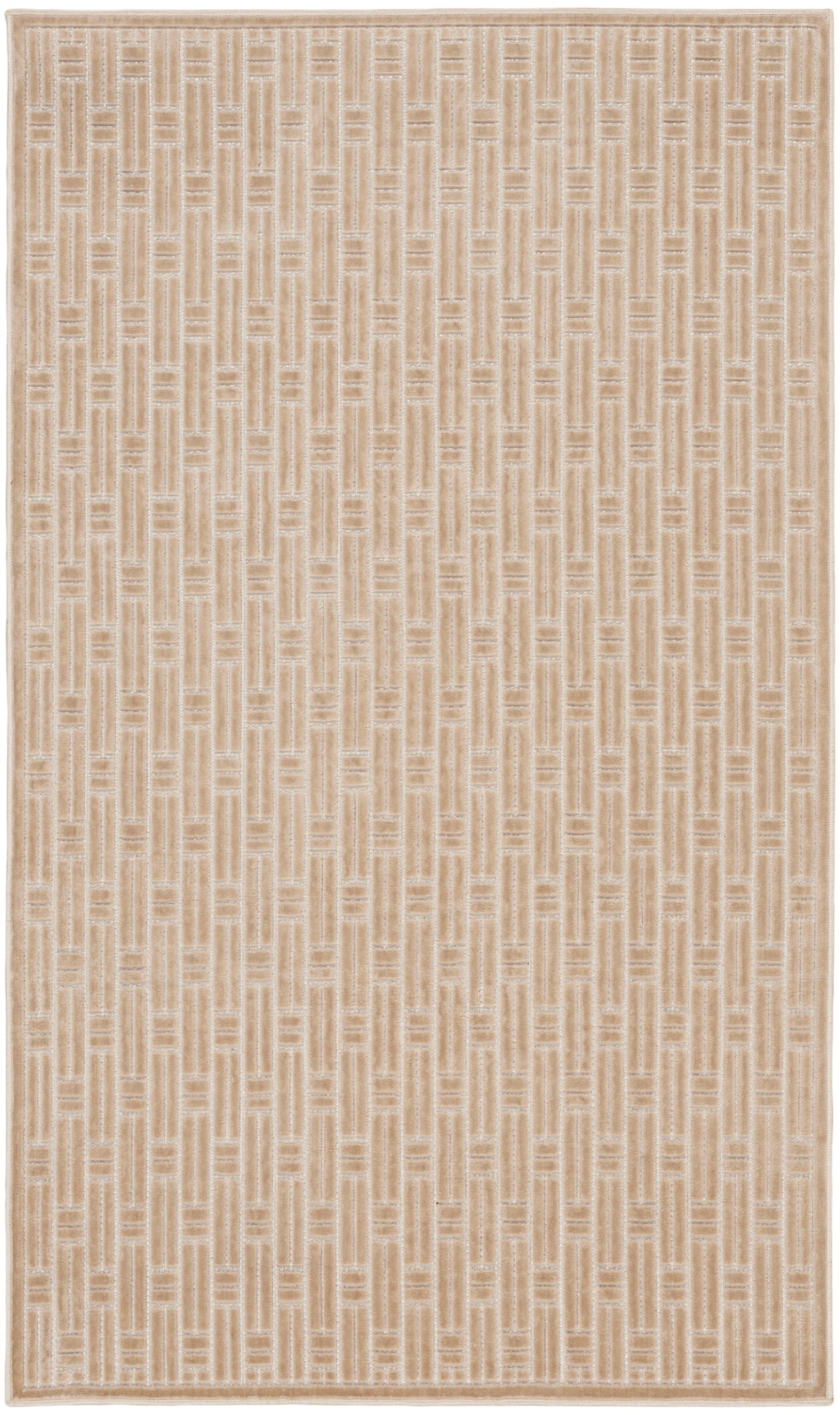 Beige woven area rug with subtle vertical brick-like stripe pattern in cream and tan; light border, modern geometric style.