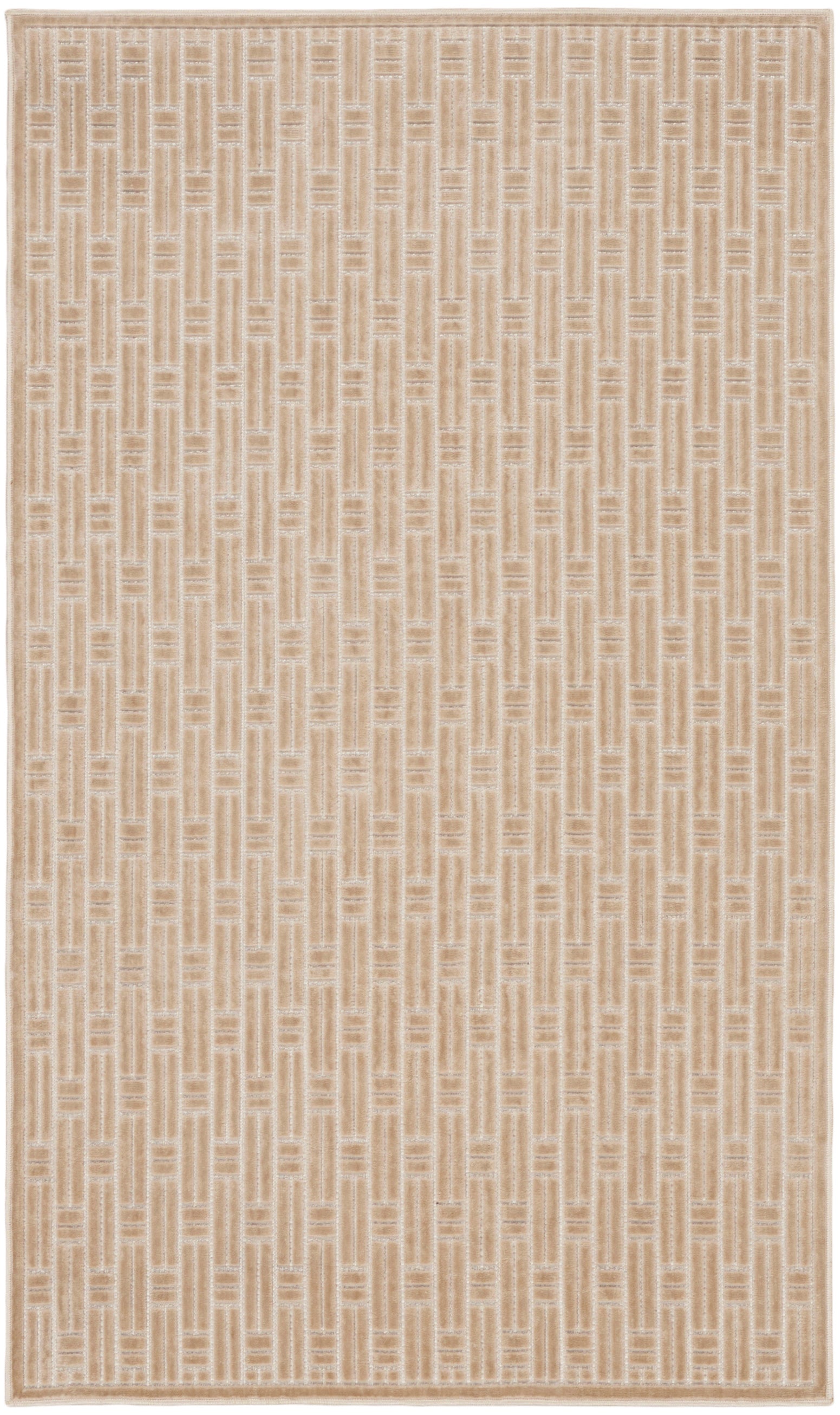Beige woven area rug with subtle vertical brick-like stripe pattern in cream and tan; light border, modern geometric style.