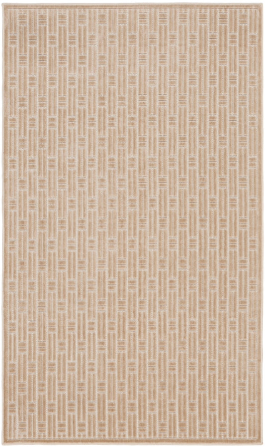 Beige woven area rug with subtle vertical brick-like stripe pattern in cream and tan; light border, modern geometric style.