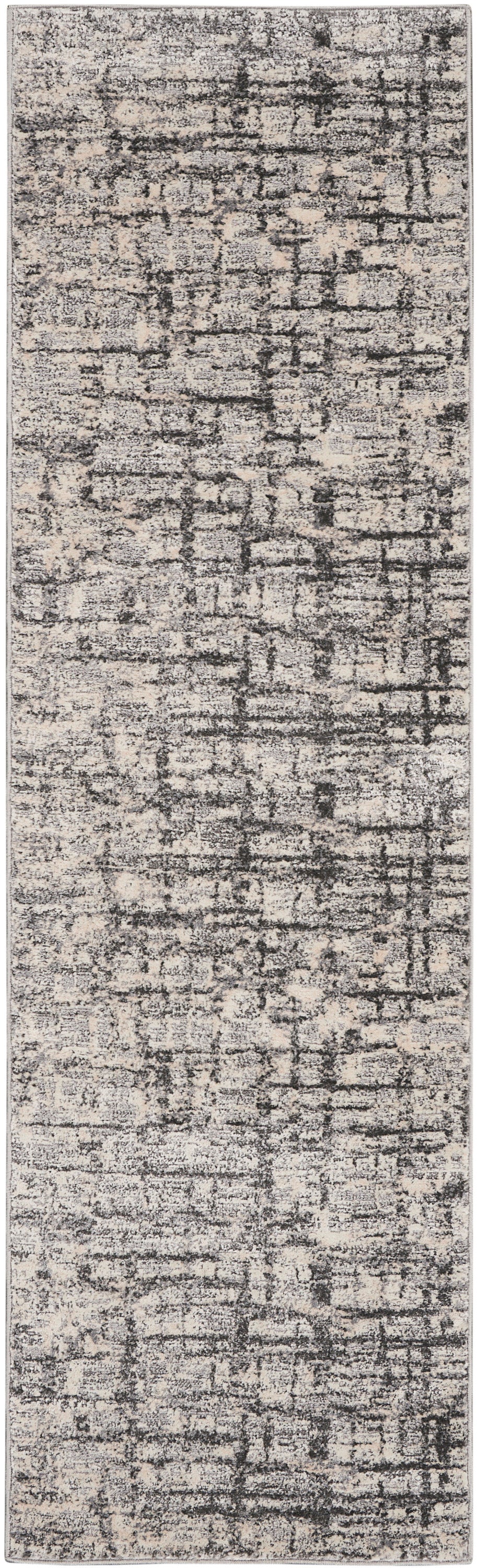 Beige and charcoal distressed abstract rug runner; narrow rectangular, modern vintage style for hallways.