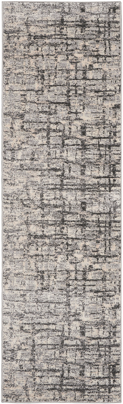 Beige and charcoal distressed abstract rug runner; narrow rectangular, modern vintage style for hallways.