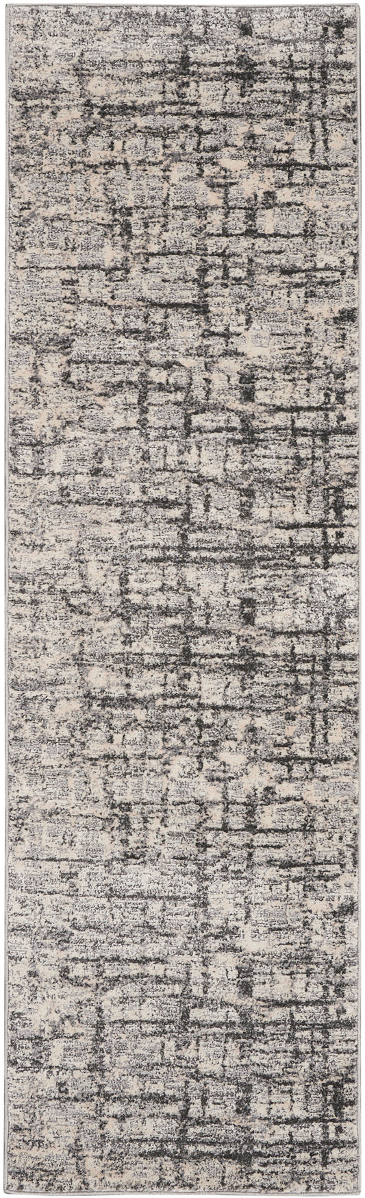 Beige and charcoal distressed abstract rug runner; narrow rectangular, modern vintage style for hallways.
