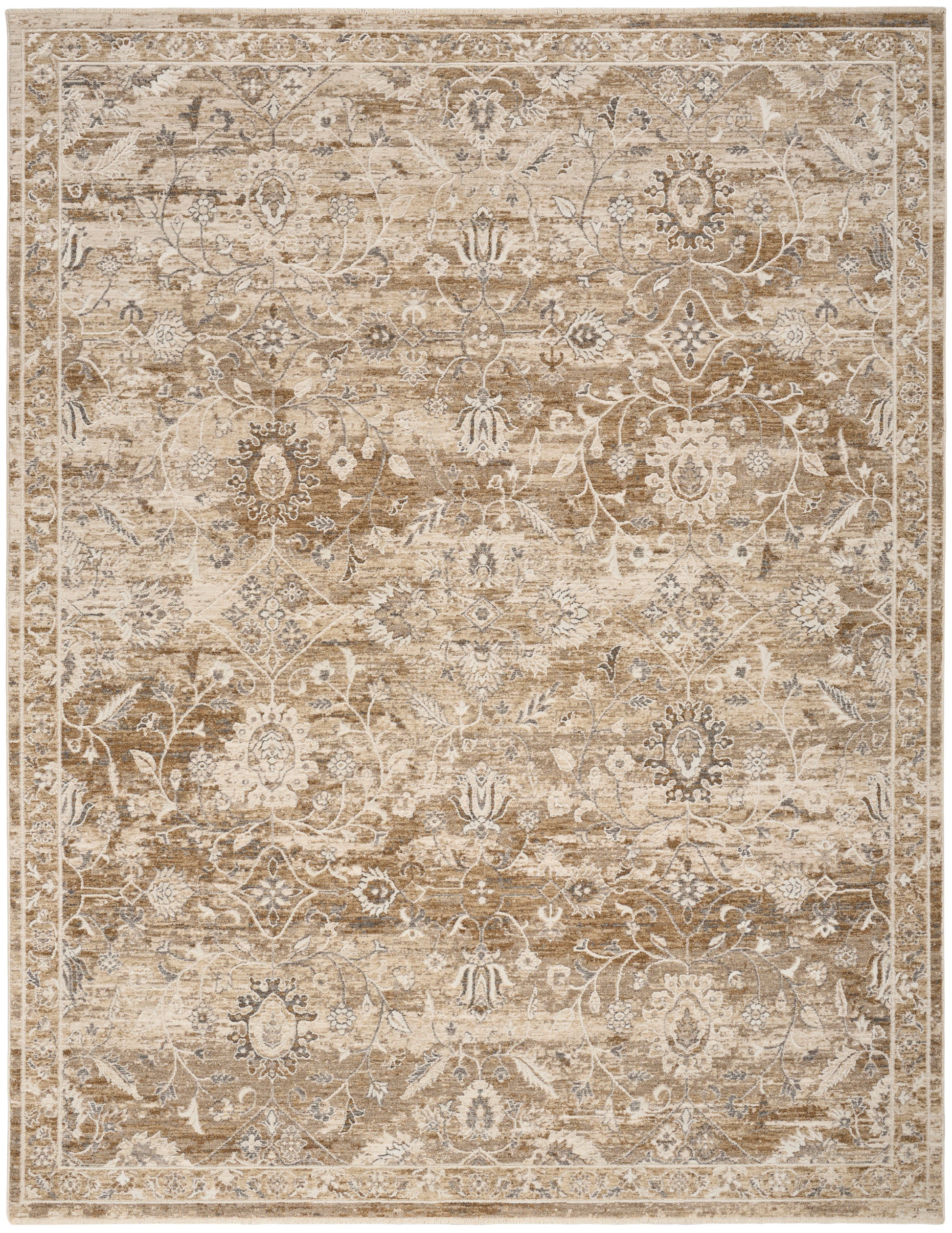 Rectangular beige-tan distressed area rug with antique Persian floral medallion pattern and border.