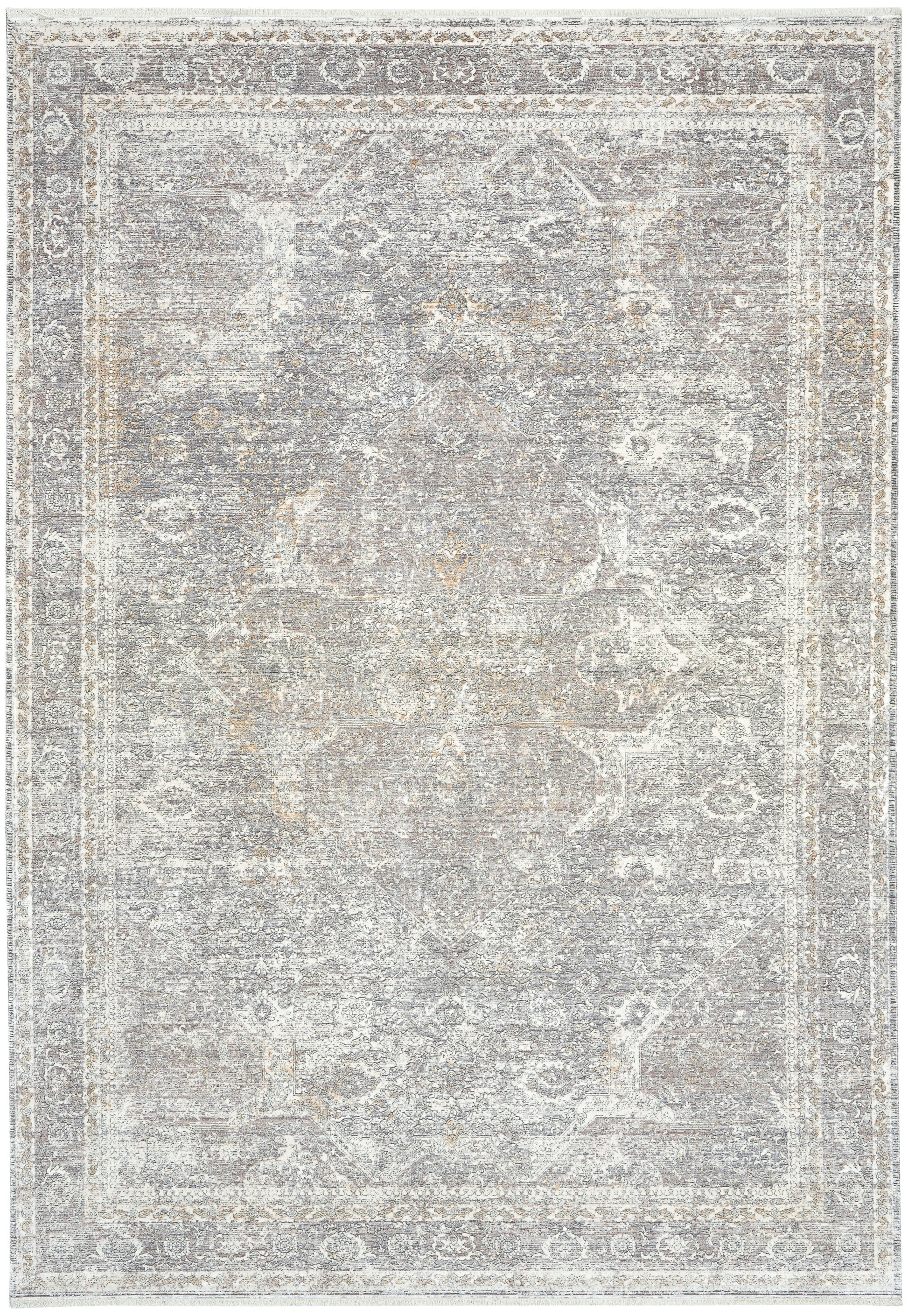 Distressed vintage grey area rug with muted ivory border and floral medallion, antique-inspired.