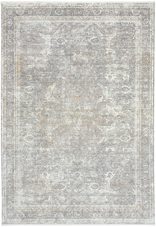 Distressed vintage grey area rug with muted ivory border and floral medallion, antique-inspired.
